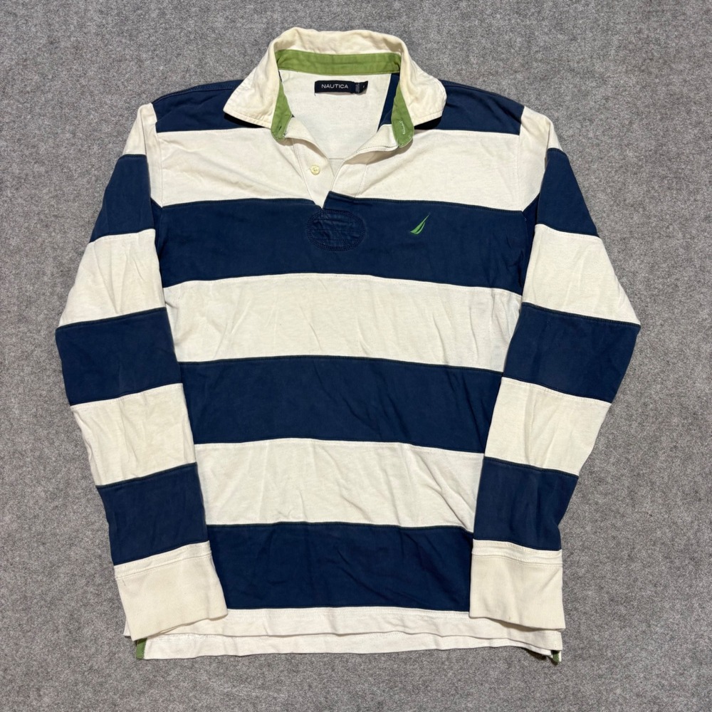 Nautica Mens Long Sleeve Rugby Shirt Navy Blue Cream Striped Size S